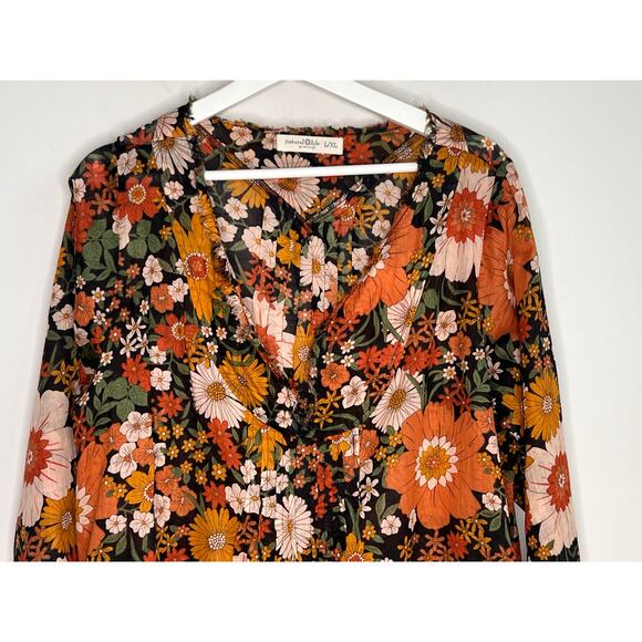 Natural Life Floral Print Cotton 3/4 Sleeve V-Neck Blouse Top Brown Women's L/XL - Picture 5 of 12